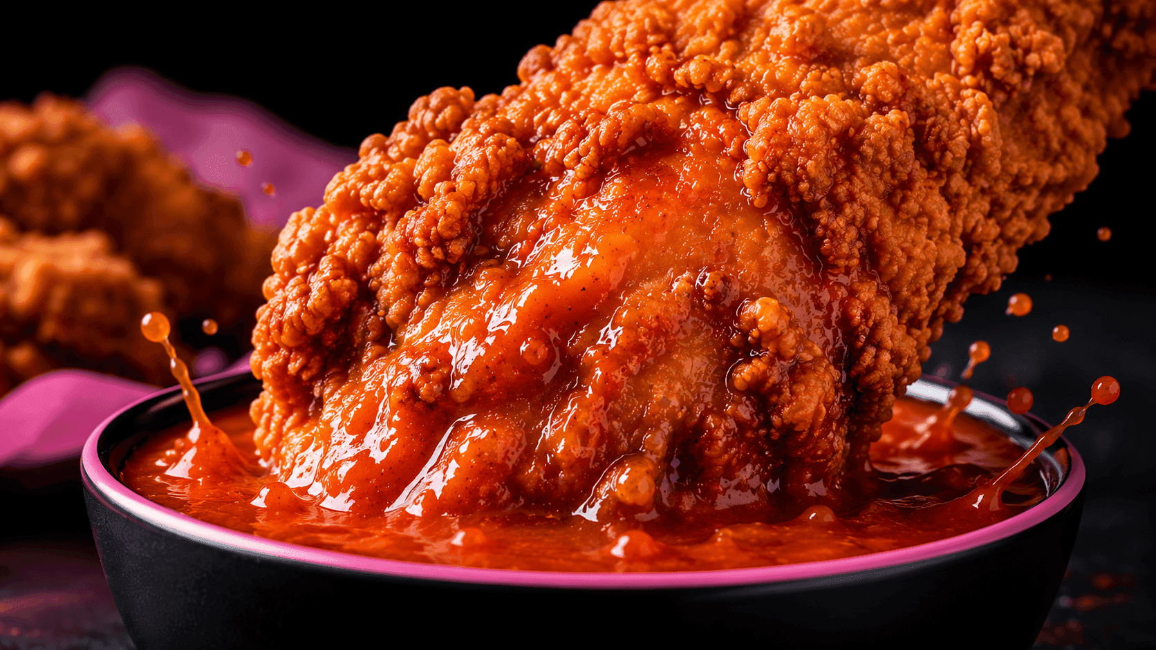 Glossy red sauce pouring across a wing close-up